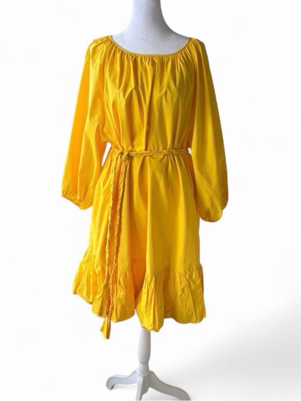 Gibson Latimer Canary Yellow Bubble-Hem Summer Waist tie Dress 100% Cotton
